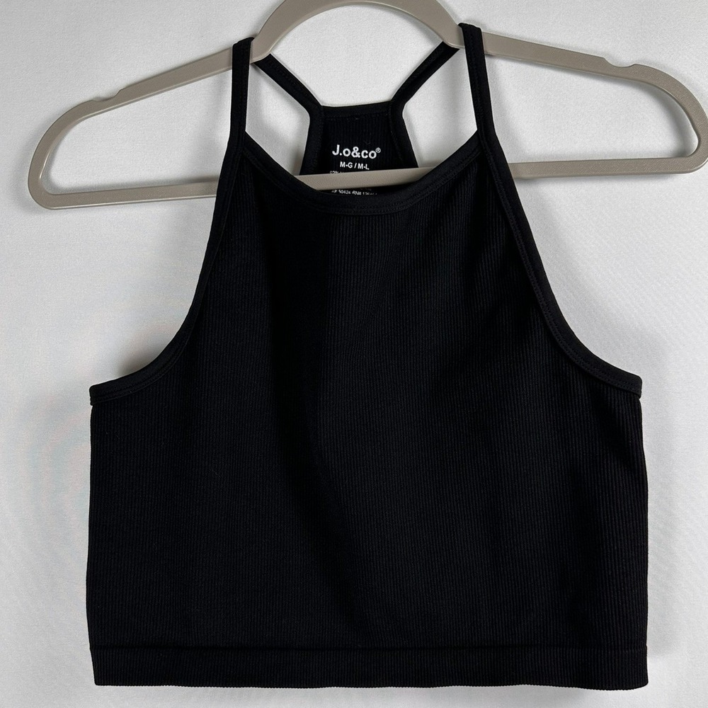 J.o&co Crop Tank Top Womens M/L Black Ribbed Seamless High Neck Athleisure